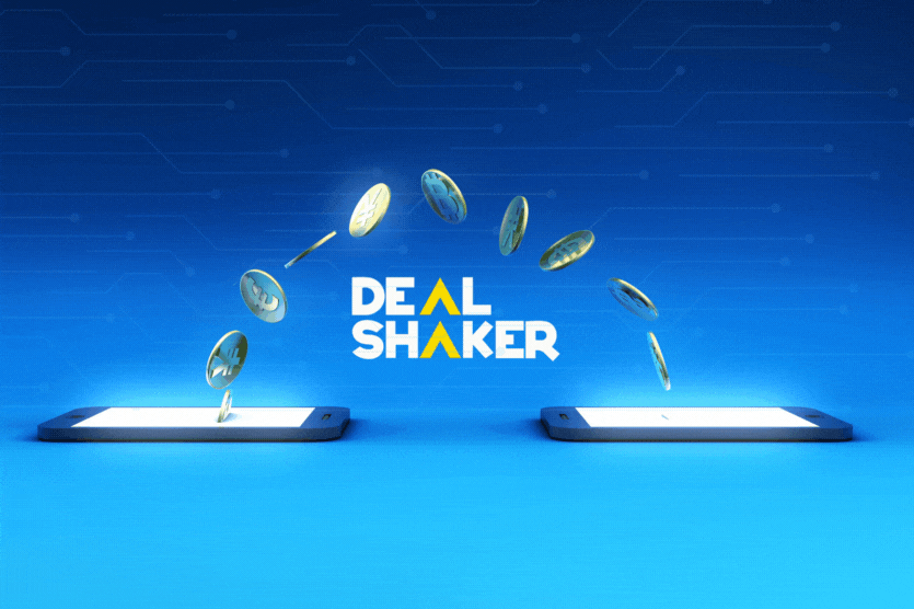 Dois smartphones com moedas trocadas em um fundo azul e as palavras "DEAL SHAKER" são exibidos no centro, anunciando os produtos de 540 comerciantes.