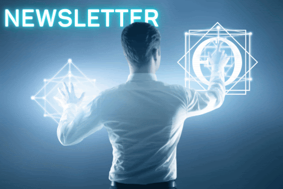 يتفاعل الشخص مع الرموز الرقمية على الشاشة. تظهر كلمة "NEWSLETTER" في الأعلى ، ويظهر رمزان هندسيان أمام الشكل ، مما يشير إلى واجهة رقمية. هذا جزء من النشرة الإخبارية الرسمية ل OES المنشورة في 09/02/2024.