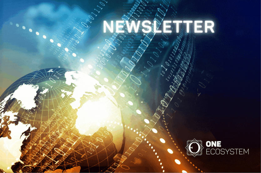 Цифровий глобус з двійковими цифрами, словом «NEWSLETTER» та логотипом «ONE ECOSYSTEM» на темному фоні демонструє офіційний інформаційний бюлетень OES та фіксує інновації за 14 жовтня 2024 року.