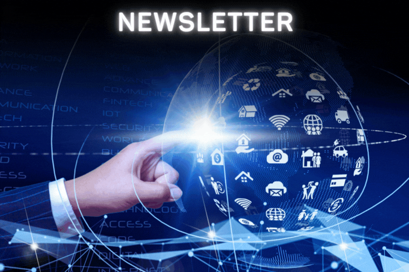يشير اليد إلى عالم رقمي به أيقونات مختلفة تمثل التكنولوجيا والاتصالات تحت عبارة "النشرة الإخبارية الرسمية ل OES" ، مما يوفر نظرة ثاقبة للمستقبل.