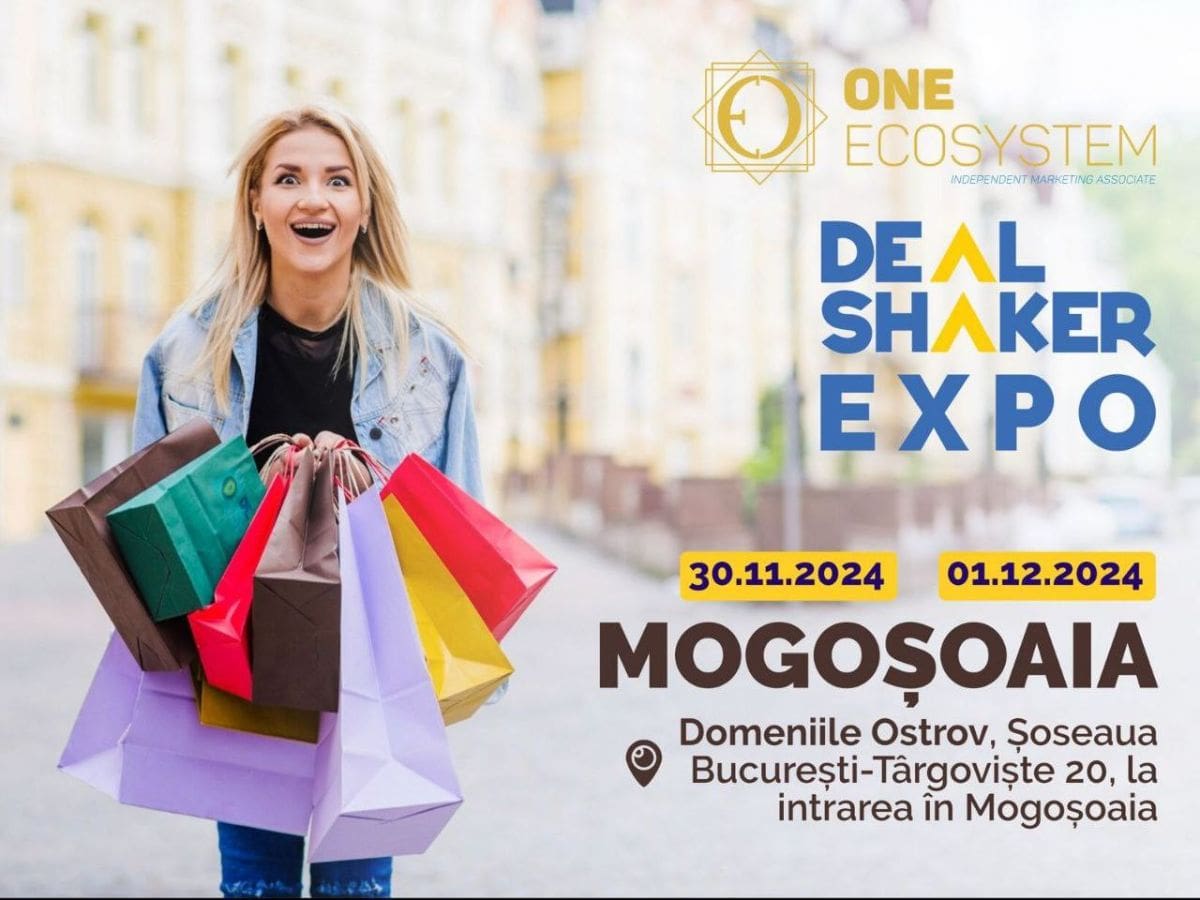 امرأة شقراء تحمل حقيبة تسوق ملونة تقف بابتسامة. يعلن النص المحيط بها عن "معرض Deal Shaker Expo" الذي سيعقد في 30 نوفمبر 2024 و 1 ديسمبر 2024 في Domeniile Ostrov ، Mogoshoia ، لدعوة الجميع إلى فورة تسوق مفعمة بالحيوية.