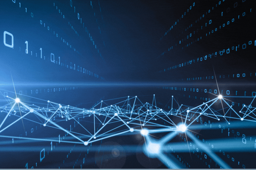 Imagine de abstractizare digitală care înfățișează linii conectate și cod binar izolat pe fundal albastru. Simbolizează fluxul de date fără întreruperi și comunicarea în rețea, iar fluiditatea sa amintește de un proces de redactare automată.