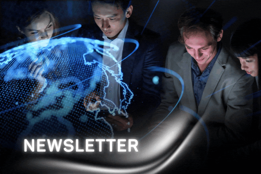 사람들은 "NEWSLETTER"라는 단어가 표시된 디지털 지구 주위에 모입니다. 그들은 2024년 11월 25일에 출시될 예정인 공식 OES 뉴스레터의 출시를 간절히 기다리고 있습니다.