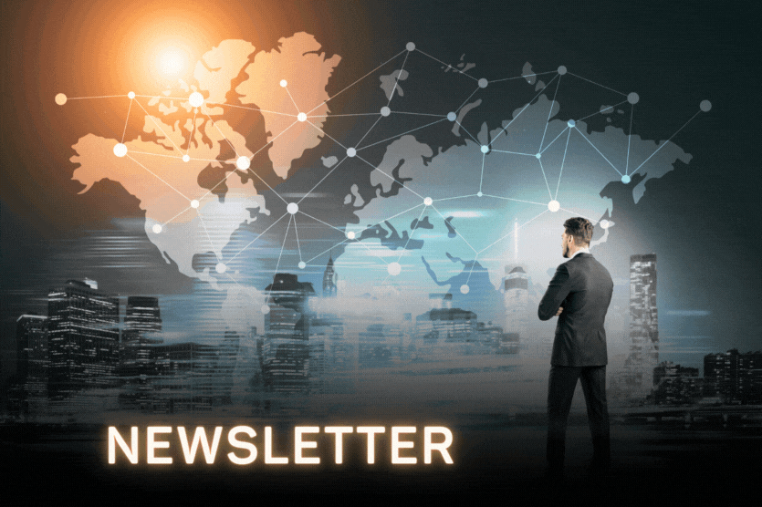 Ein Mann im Anzug steht vor einer Weltkarte und einer beleuchteten Stadtlandschaft, darunter steht in großen Buchstaben "Newsletter", die globale Einblicke suggerieren.