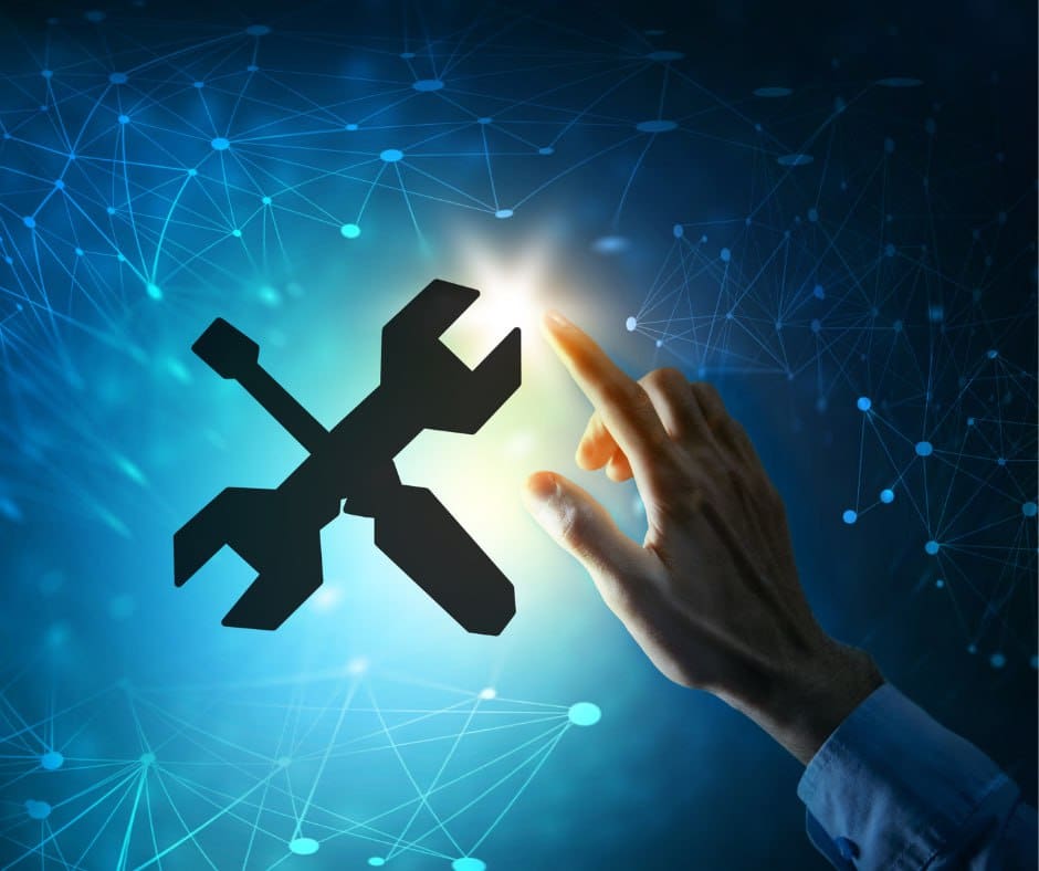 Tendre la main vers la clé lumineuse et l’icône du pilote sur l’arrière-plan bleu du réseau connecté symbolise l’intégration transparente avec le support Microsoft.