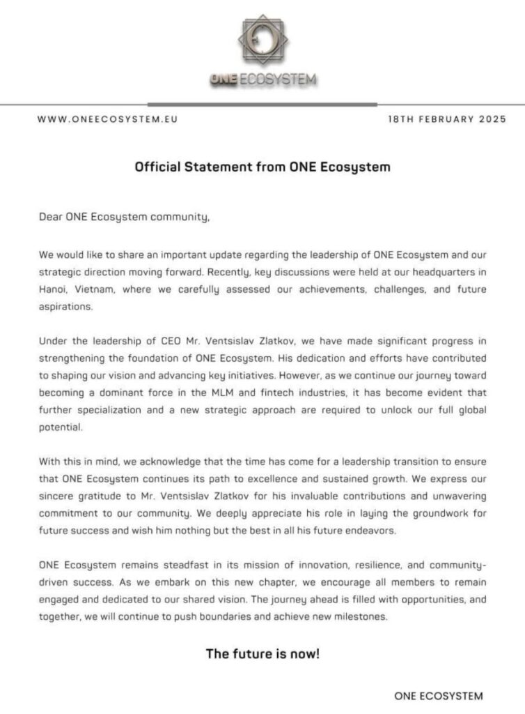 แถลงการณ์อย่างเป็นทางการจาก ONE Ecosystem เกี่ยวกับการเปลี่ยนแปลงความเป็นผู้นําและความคิดริเริ่มการเติบโตเชิงกลยุทธ์ที่มุ่งสู่นวัตกรรมอย่างต่อเนื่อง