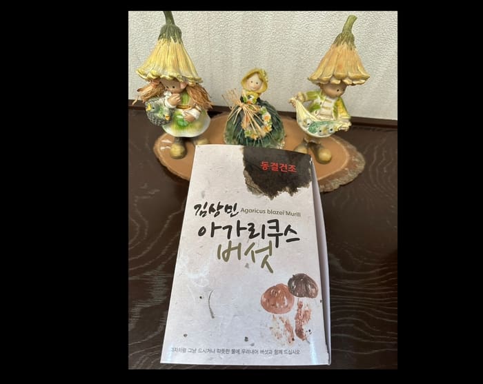 عبوة المنتج الكوري ، التي تتميز برسم توضيحي للفطر ، تحمل علامة "Agarisk" وعرضت أمام ثلاثة تماثيل خرافية صغيرة مزخرفة. ربما جاءت هذه الجنيات المبهجة من جيجو للاستمتاع بتصميماتها النابضة بالحياة وتكنولوجيا التجفيف بالتجميد المبتكرة.