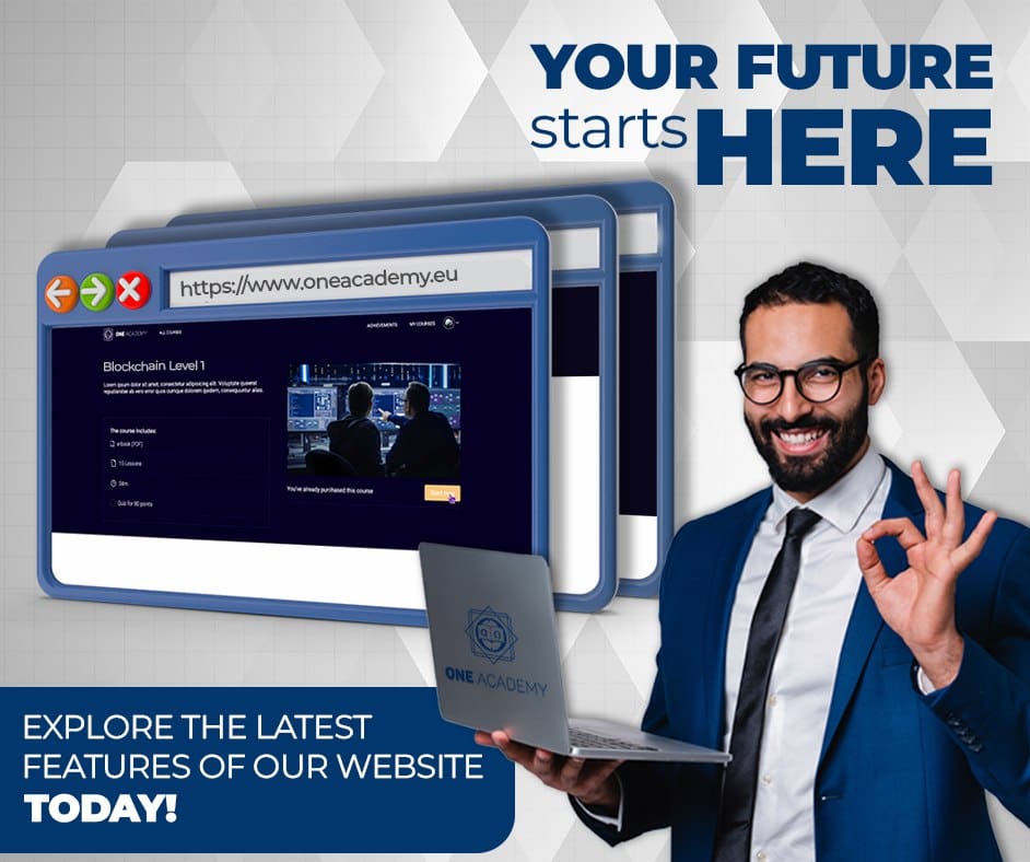 Seorang pria memegang laptop dan membuat gerakan "OK" berdiri di samping grafik digital halaman web dengan konten blockchain. Teks: "Masa depan Anda dimulai dengan ONE Academy, lihat fitur-fitur terbaru di situs web kami hari ini."