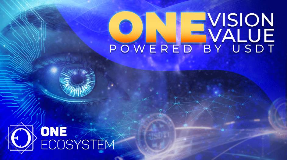數位插圖以人眼圖案、科技風格的圖形、左下角的「ONE VISION ONE VALUE POWERED BY USDT integration」字樣和「ONE ECOSYSTEM」標誌為特色。 藍色背景補充了未來路線圖的魅力。