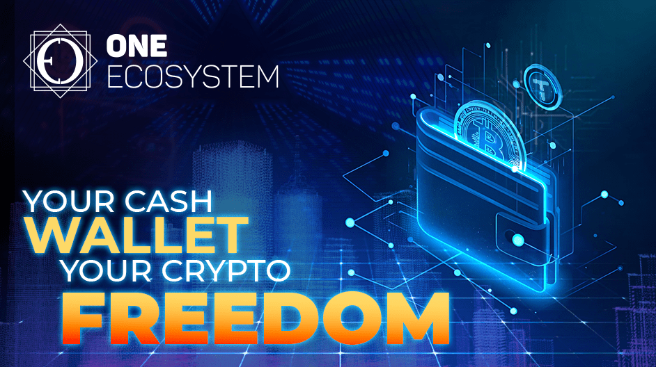 青く光るインターフェイスから、暗号通貨のコインが入ったデジタルウォレットが現れる。テキストはこうだ：「ひとつのエコシステム。あなたの現金財布。あなたの暗号自由。"背景にはデジタルネットワークのパターンと街の光が描かれ、最新アップデートが強調されている。.