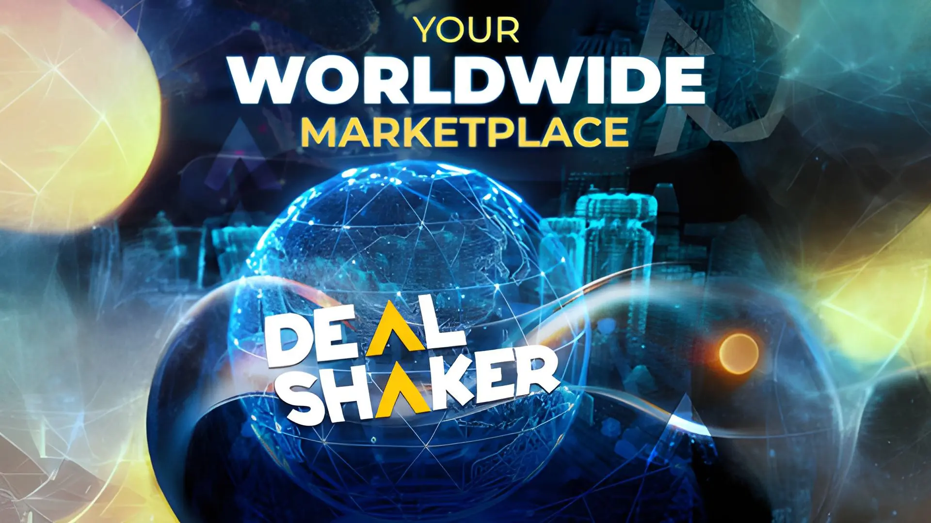 رسم رقمي مع الكلمات YOUR WORLDWIDE MARKETPLACE مكتوبة فوق DEALSHAKER فوق كرة زرقاء متوهجة وشخصيات مجردة ، مع التأكيد على أن نظام One ecosystem هو سوق عالمي عبر الإنترنت يستحق النشرة الإخبارية الرسمية لعام 2025.