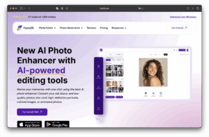 紫と白を基調としたデザイン、笑顔の女性が写ったフォトエディタのプレビュー、AIを搭載した編集ツールに関するテキスト、アプリのダウンロードボタンが特徴。.