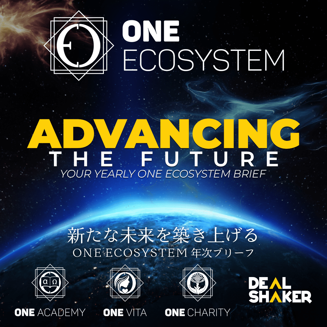 ONE ECOSYSTEMのプロモーショングラフィックには、宇宙から見た地球、「ADVANCING THE FUTURE」と書かれた太い黄色のテキスト、そしてその下に日本語のテキストが配されている。下部にはONE Academy、ONE Vita、ONE Charity、DealShakerのロゴが入っている。.