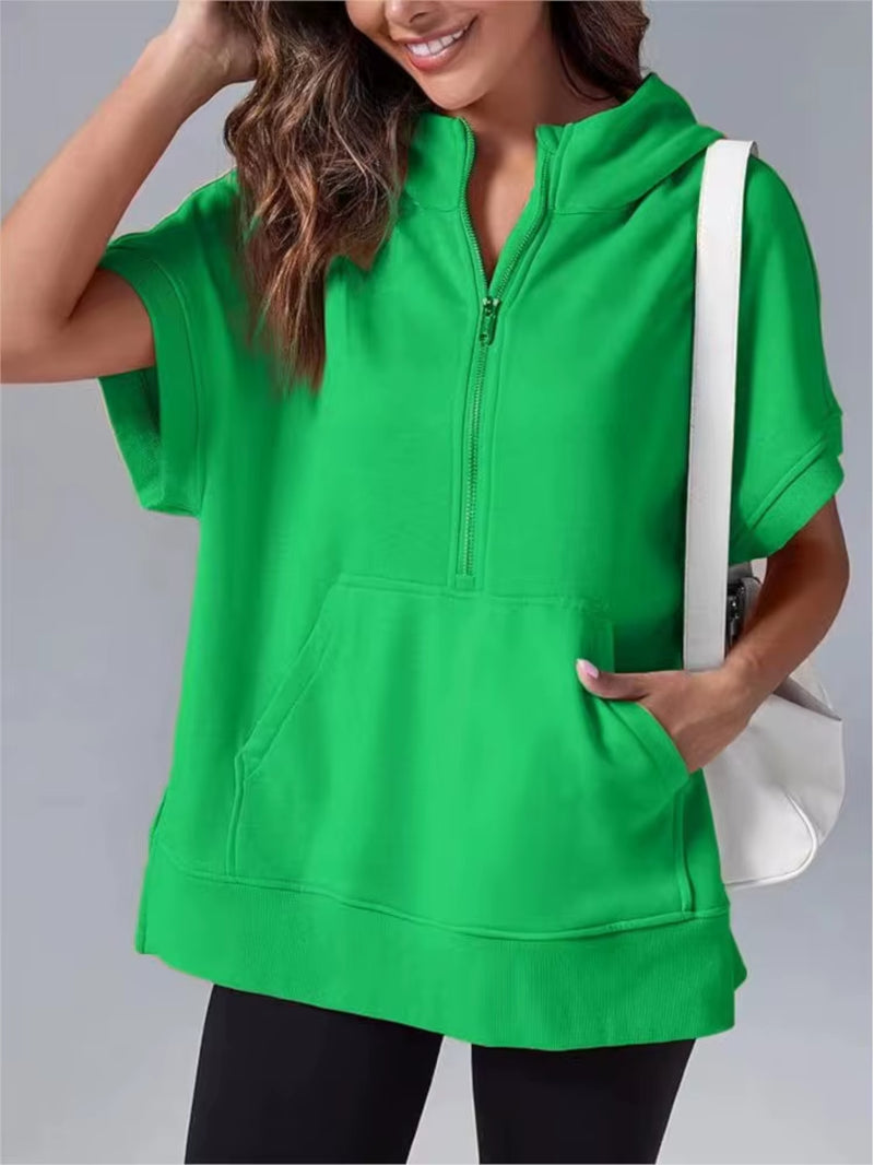 Casual High Street sweatshirt met capuchon voor dames met rits en zakken - Effen ontwerp met korte mouwen