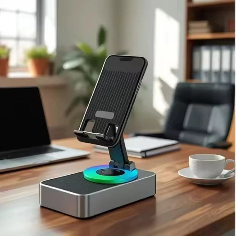 Altavoz Bluetooth plegable 3 en 1 y soporte para teléfono con rotación de 360 grados y banco de energía portátil para iPad y dispositivos móviles