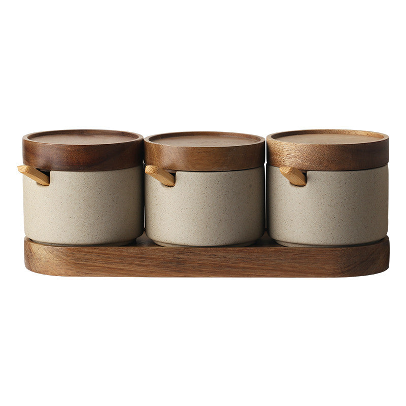 Pot d’assaisonnement de cuisine en céramique trois pièces costume simple pot de sel plateau en bois d’acacia avec couvercle