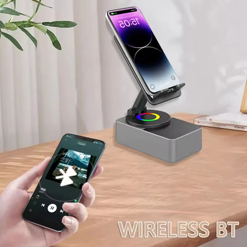 Altavoz Bluetooth plegable 3 en 1 y soporte para teléfono con rotación de 360 grados y banco de energía portátil para iPad y dispositivos móviles
