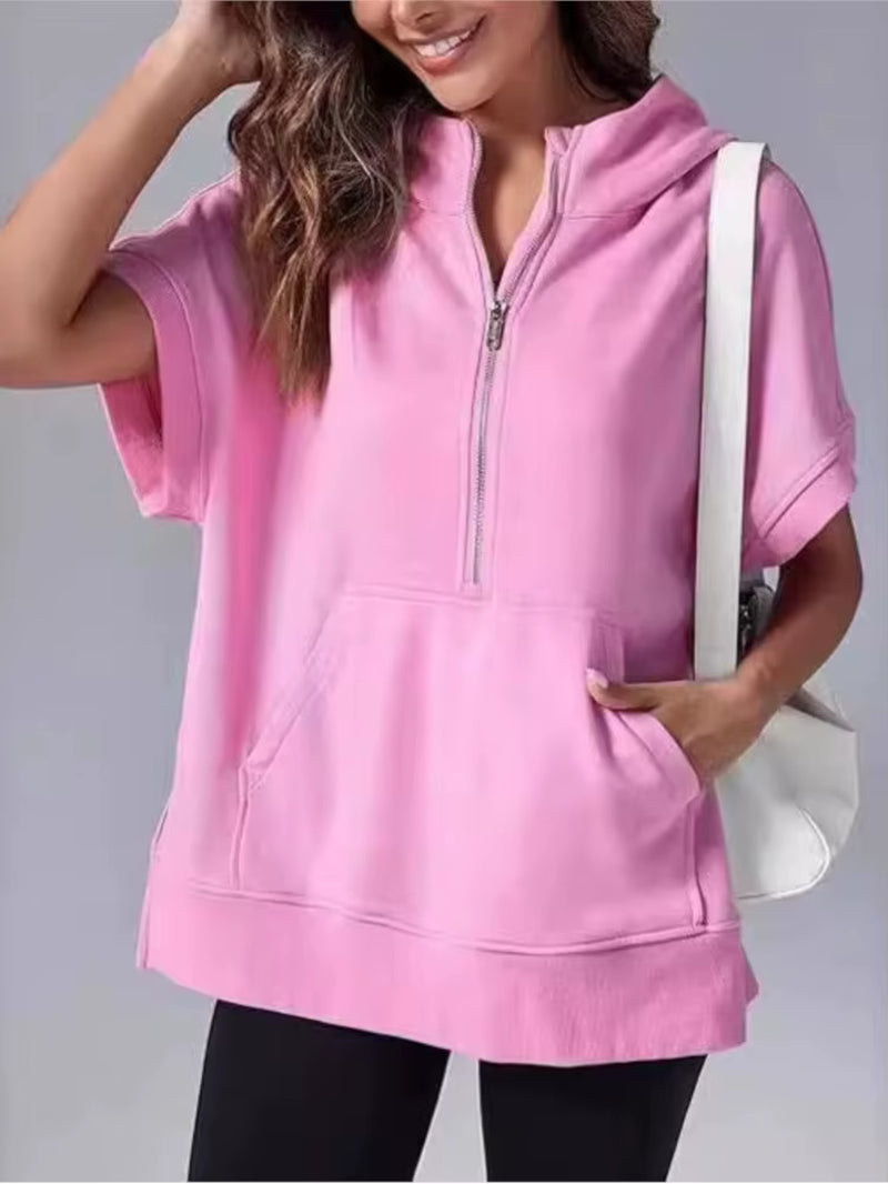 Casual High Street sweatshirt met capuchon voor dames met rits en zakken - Effen ontwerp met korte mouwen