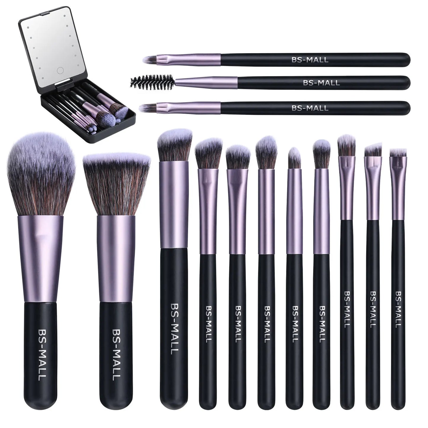 Juego de brochas de maquillaje profesional de 14 piezas con espejo iluminado y brochas de mango corto recargables por USB
