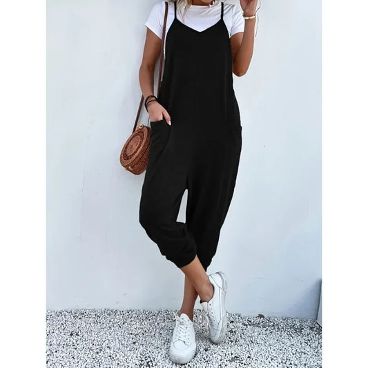 Plus Size Casual Zomer Dames Losse Mouwloze Jumpsuit Met Wijde Pijpen en Zakken - Comfortabele en Ademende Kleding (1XL-5XL)