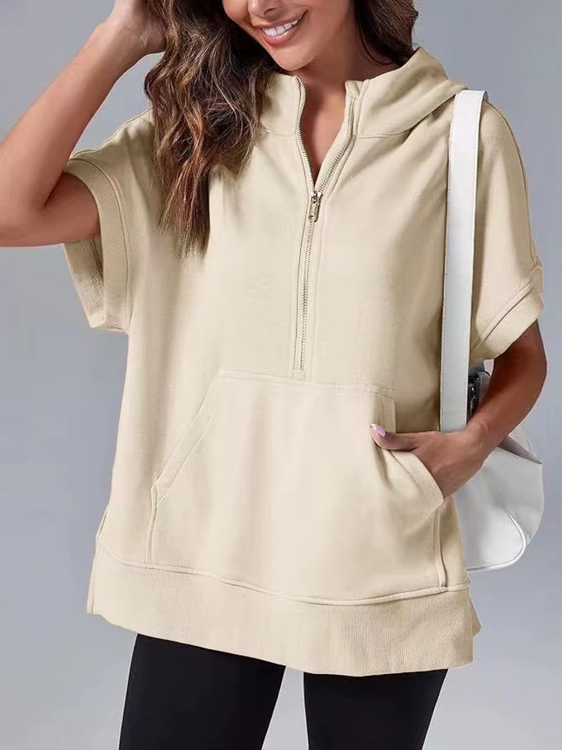 Casual High Street sweatshirt met capuchon voor dames met rits en zakken - Effen ontwerp met korte mouwen