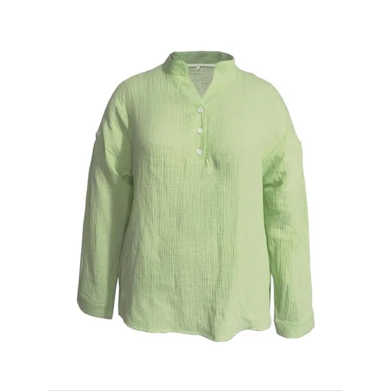 Plus Size Dames Casual Button-Up Shirts - Zomer Losse Geplooide V-Hals Lange Mouw Blouses (1XL-5XL)