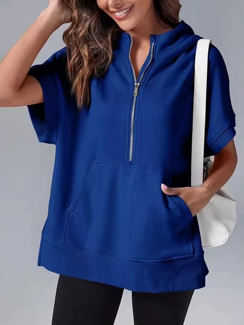 Casual High Street sweatshirt met capuchon voor dames met rits en zakken - Effen ontwerp met korte mouwen