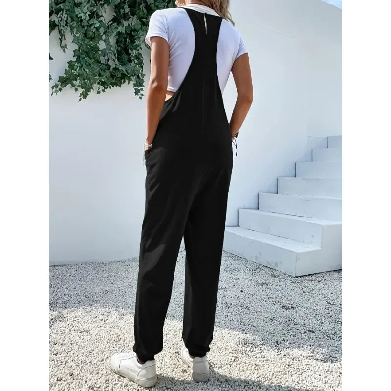 Plus Size Casual Zomer Dames Losse Mouwloze Jumpsuit Met Wijde Pijpen en Zakken - Comfortabele en Ademende Kleding (1XL-5XL)