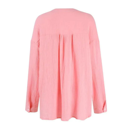 Plus Size Dames Casual Button-Up Shirts - Zomer Losse Geplooide V-Hals Lange Mouw Blouses (1XL-5XL)