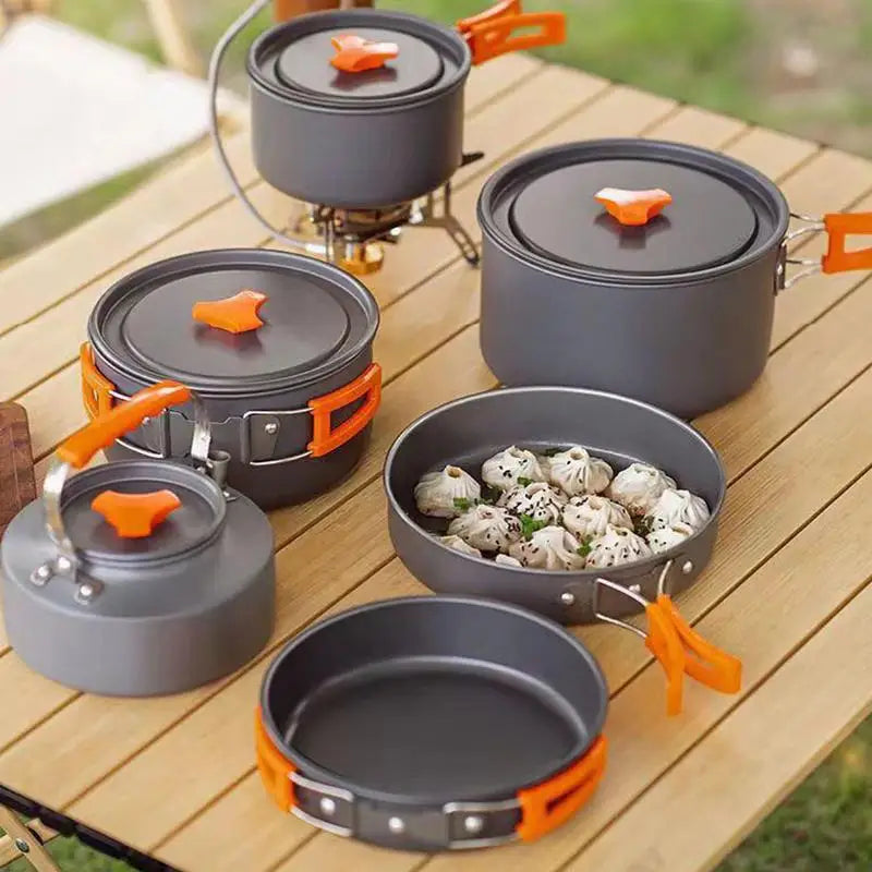 Juego de utensilios de cocina portátiles para acampar Kit de vajilla de olla al aire libre Agua para cocinar Sartén Hervidor de agua Utensilios de viaje Equipo de picnic de senderismo