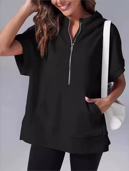 Casual High Street sweatshirt met capuchon voor dames met rits en zakken - Effen ontwerp met korte mouwen