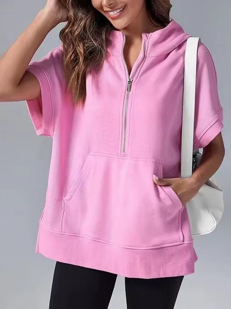 Casual High Street sweatshirt met capuchon voor dames met rits en zakken - Effen ontwerp met korte mouwen