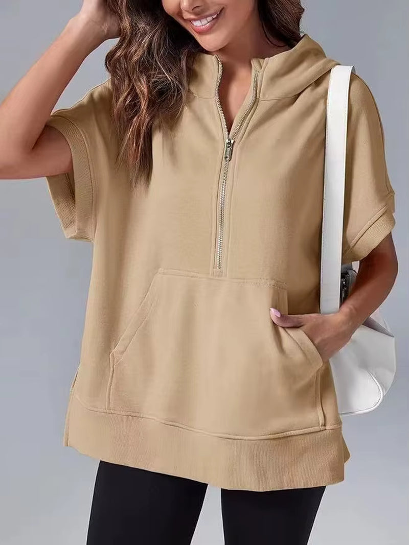 Casual High Street sweatshirt met capuchon voor dames met rits en zakken - Effen ontwerp met korte mouwen