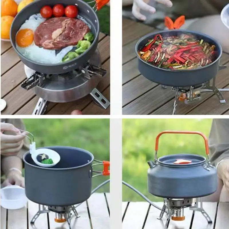 Juego de utensilios de cocina portátiles para acampar Kit de vajilla de olla al aire libre Agua para cocinar Sartén Hervidor de agua Utensilios de viaje Equipo de picnic de senderismo