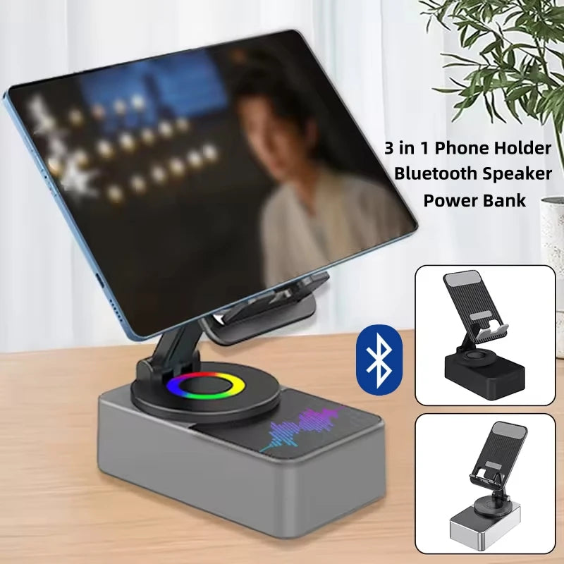 Altavoz Bluetooth plegable 3 en 1 y soporte para teléfono con rotación de 360 grados y banco de energía portátil para iPad y dispositivos móviles