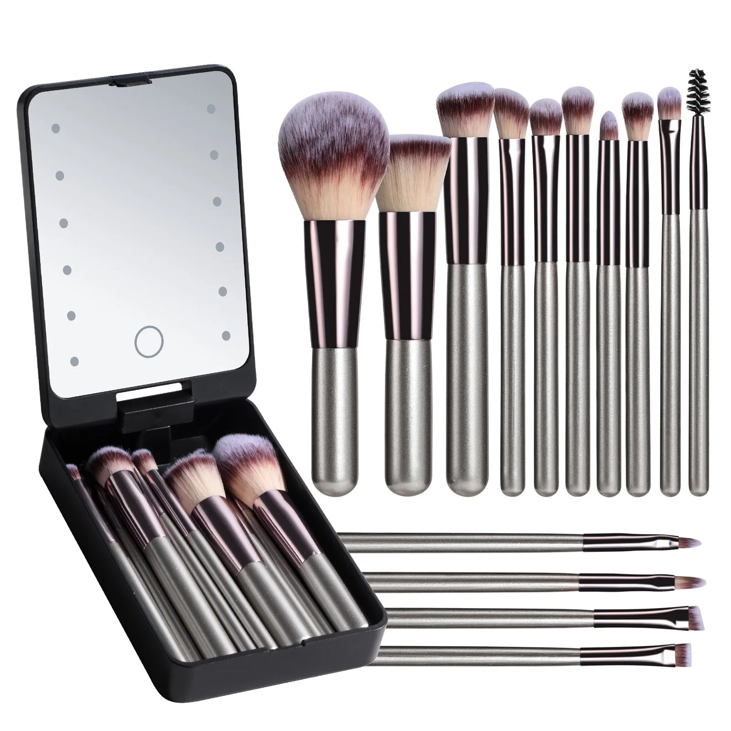 Juego de brochas de maquillaje profesional de 14 piezas con espejo iluminado y brochas de mango corto recargables por USB
