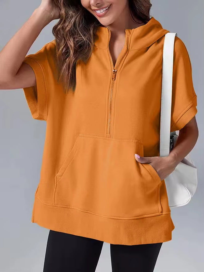 Casual High Street sweatshirt met capuchon voor dames met rits en zakken - Effen ontwerp met korte mouwen
