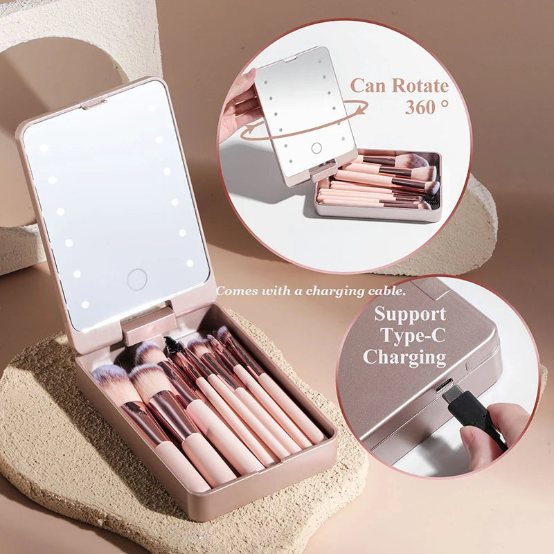 Juego de brochas de maquillaje profesional de 14 piezas con espejo iluminado y brochas de mango corto recargables por USB