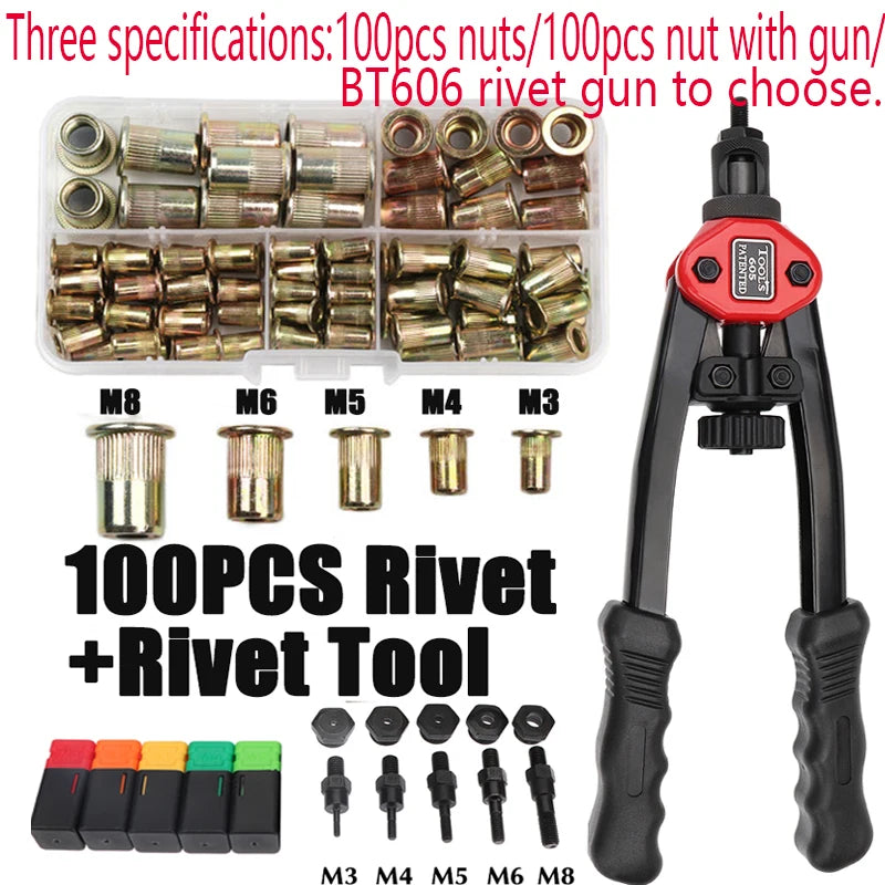 100Pcs Tuerca de remache + Tuercas de remache roscadas a mano Pistola BT606 M3 M4 M5 M6 M8 Doble inserto Manual Remacher Gun Remaching Rivnut Rivnut Rivet Tool