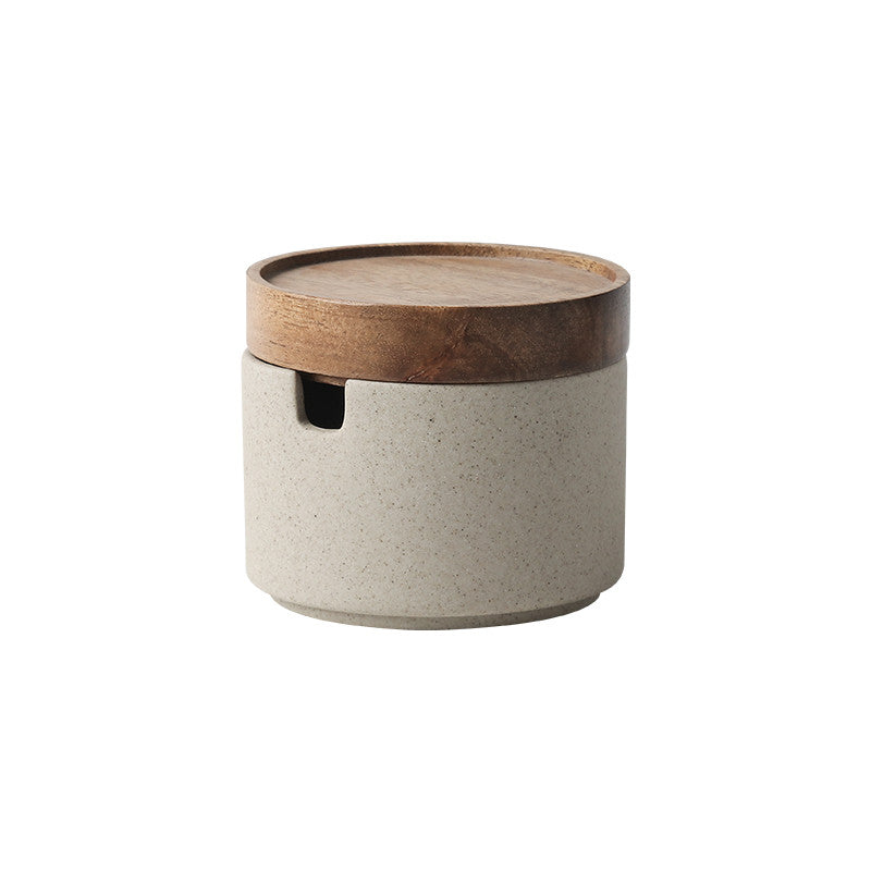Pot d’assaisonnement de cuisine en céramique trois pièces costume simple pot de sel plateau en bois d’acacia avec couvercle