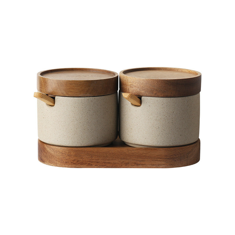 Pot d’assaisonnement de cuisine en céramique trois pièces costume simple pot de sel plateau en bois d’acacia avec couvercle