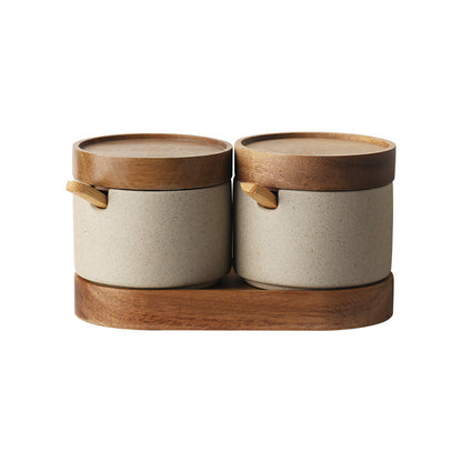 Pot d’assaisonnement de cuisine en céramique trois pièces costume simple pot de sel plateau en bois d’acacia avec couvercle