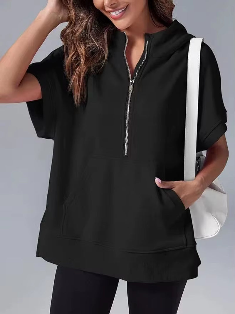 Casual High Street sweatshirt met capuchon voor dames met rits en zakken - Effen ontwerp met korte mouwen