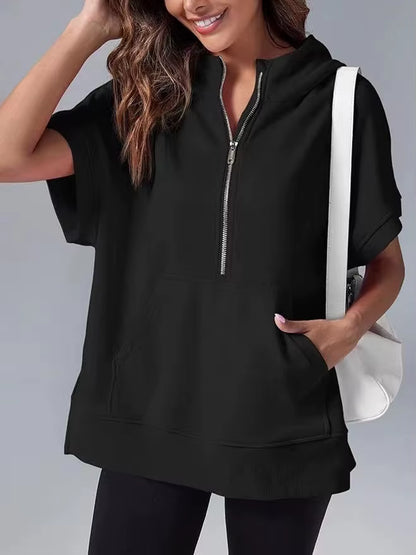 Casual High Street sweatshirt met capuchon voor dames met rits en zakken - Effen ontwerp met korte mouwen