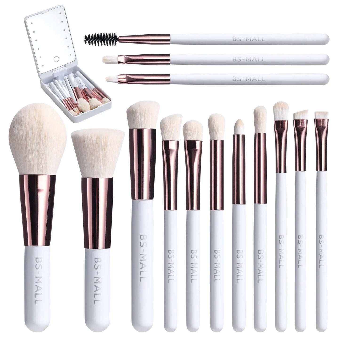 Juego de brochas de maquillaje profesional de 14 piezas con espejo iluminado y brochas de mango corto recargables por USB