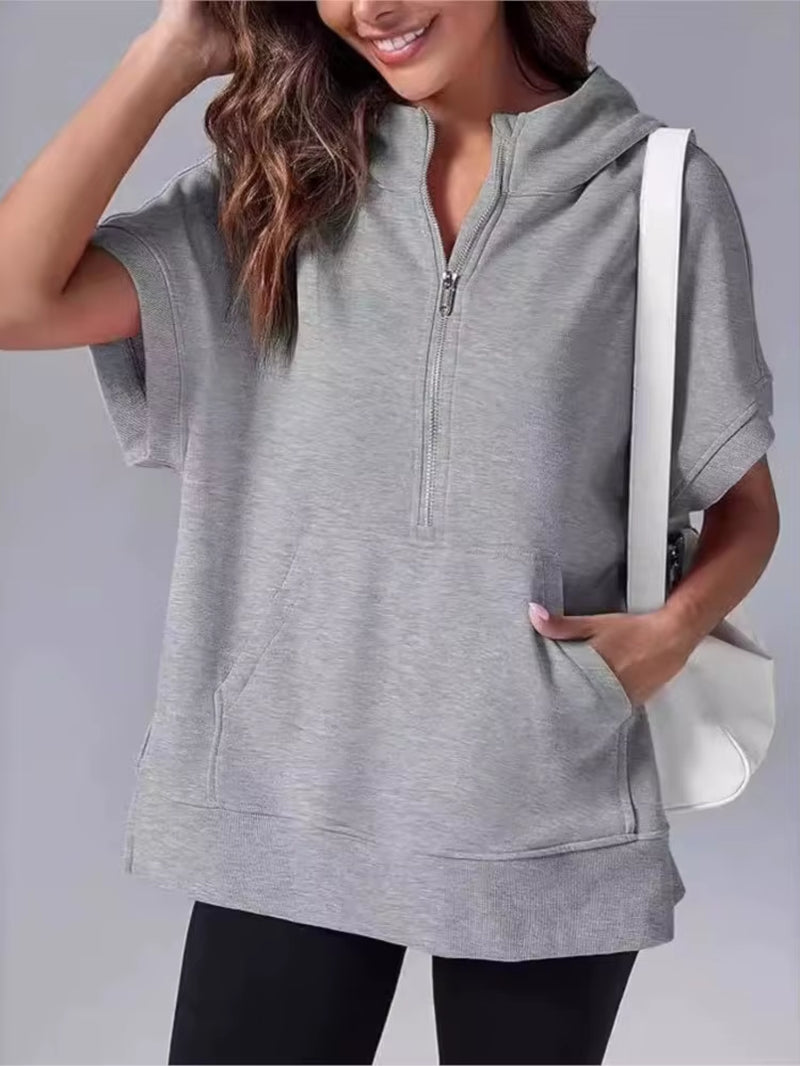 Casual High Street sweatshirt met capuchon voor dames met rits en zakken - Effen ontwerp met korte mouwen