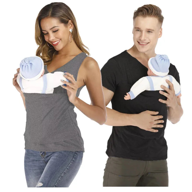 Hoogwaardige Mother Kangaroo Pocket T-Shirt Draagzak voor veilige voeding - Zomer zwangerschapskleding in nylon katoenmix