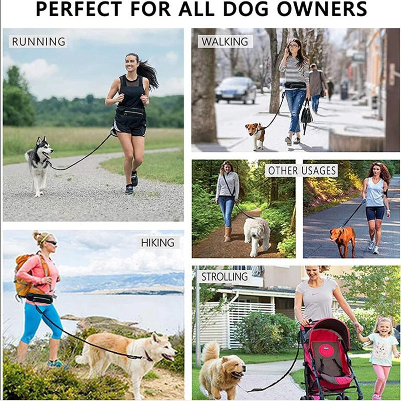 Handsfree hondenriem Huisdier wandel- en trainingsriem met schokabsorberende bungee-riem voor maximaal 180 lbs Grote honden telefoonzak en waterfleshouder