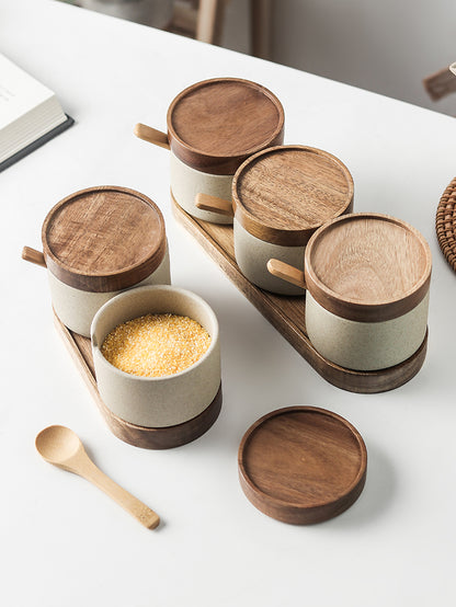 Pot d’assaisonnement de cuisine en céramique trois pièces costume simple pot de sel plateau en bois d’acacia avec couvercle