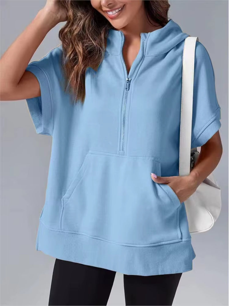 Casual High Street sweatshirt met capuchon voor dames met rits en zakken - Effen ontwerp met korte mouwen